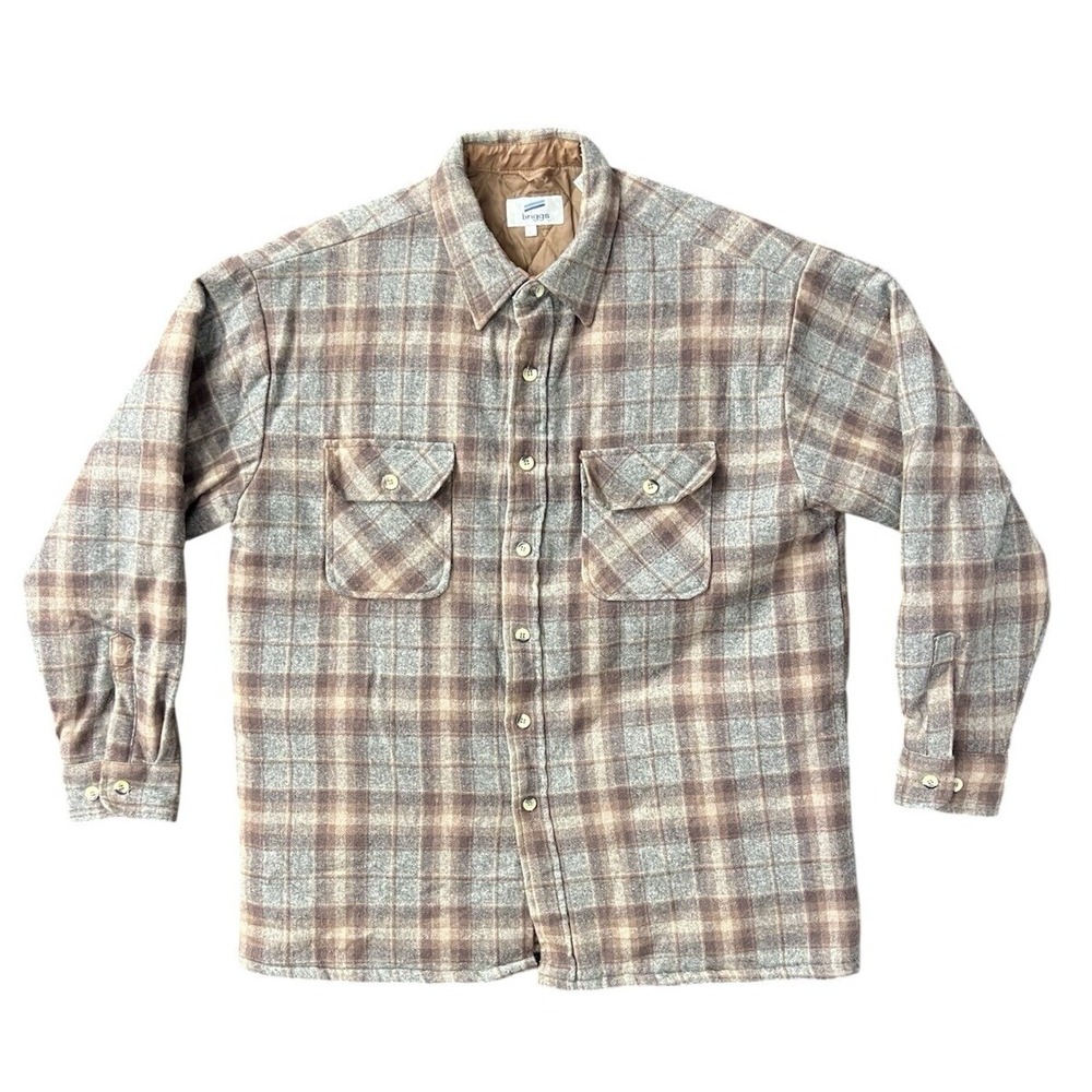 Vintage Briggs Plaid Wool Blend Quilted Shirt Jacket Mens XL Brown Tan Grey